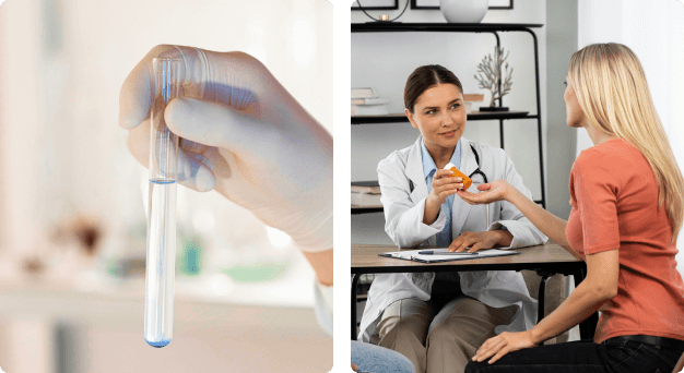 twee afbeelding, een van reageer buis en 1 van arts die patient medicatie overhandigt