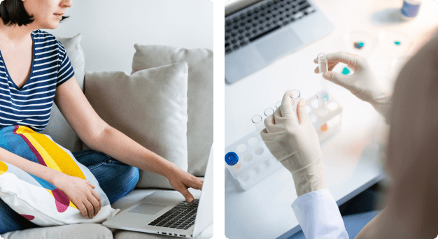 twee afbeeldingen, vrouw die achter haar computer zit en foto van laborant die meerdere reageerbuisjes bestudeert