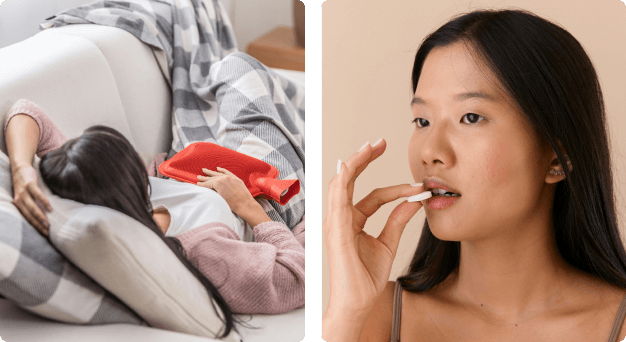 2 fotos, vrouw ligt met kruik o de bank en andere vrouw neemt een pil