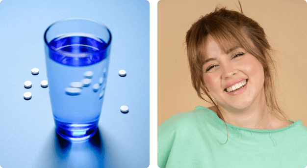 2 luik, 1 glas met water en medicatie op achtergrond. 2 lachen vrouw