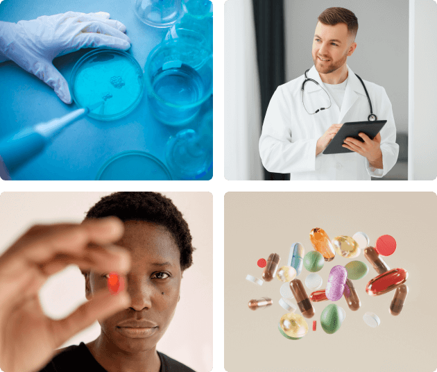 4 fotos, 1 microscoop glas met bacterien, 2 arts, 3 vrouw kijkt naar medicatie, 4 meerdere verschillende kleuren pillen