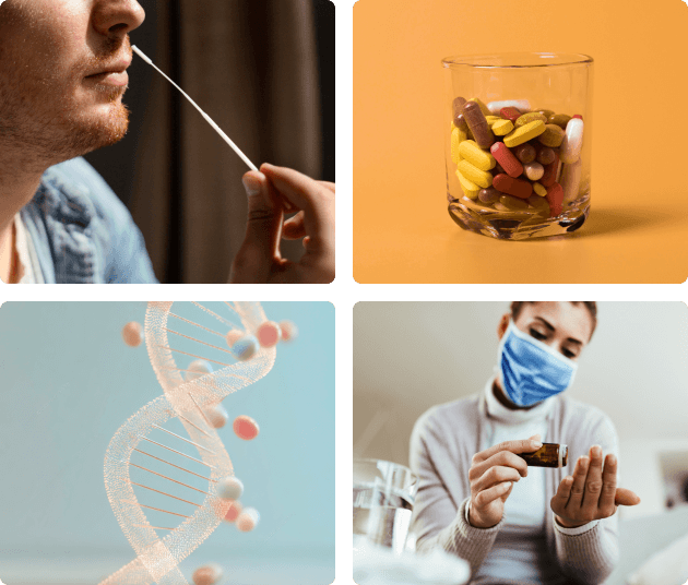 4 luik, 1 man krijgt neusswap. 2 glas met medicatie. 3 DNA string, 4 vrouw gooit medicatie op haar hand